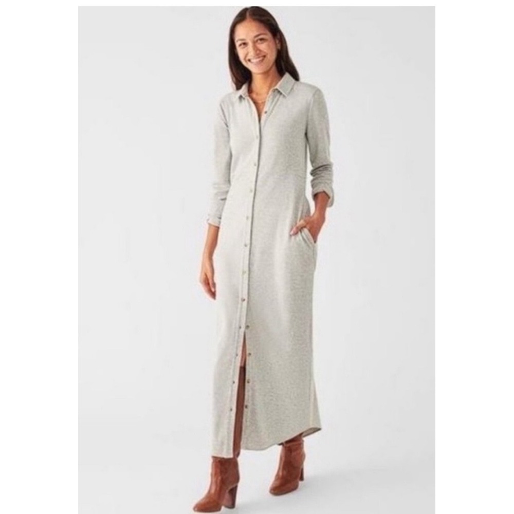 Faherty Legend Knit Shirt Dress Gray Heather Maxi Button Down Long Sleeve S